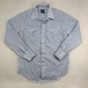 Vtg Wrangler Pro Rodeo Pearl Snap Shirt 17 x 35 Blue Long Tail Tapered Fit USA